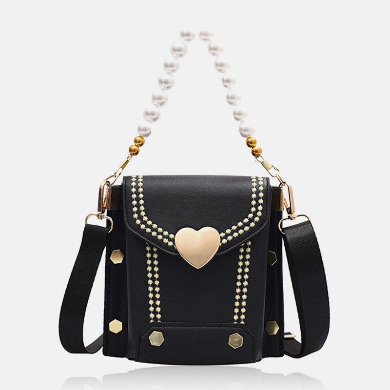 Bolso de mano con cadena de perlas y cerrojo en forma de corazón de cuero PU para mujer, bolso de hombro, bolsos cruzados 