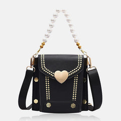 Bolso de mano con cadena de perlas y cerrojo en forma de corazón de cuero PU para mujer, bolso de hombro, bolsos cruzados 