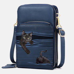 Women Faux Leather Casual Cute Black Cat and Stripes Pattern Adjustable Shoulder Bag Crossbody Bag