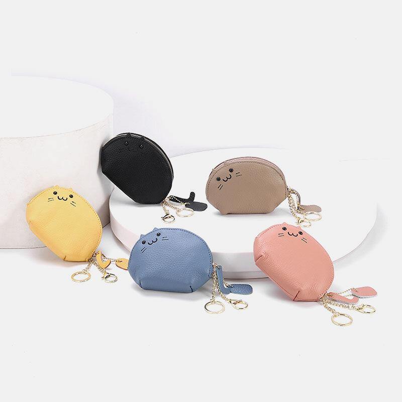 Women Genuine Leather Casual Cute Animal Cat Pattern Mini Hanging Coin Bag Storage Bag