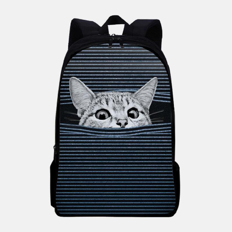 Women Oxford Cloth Large Capacity Cartoon Cat Stripe Pattern Printing Backpack