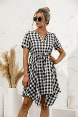 Plaid V-Neck Asymmetrical Trim Dress