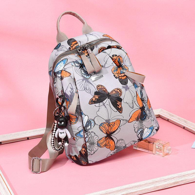 Women Oxford Butterfly Feather Pattern Large Capacity Headset Hole Waterproof Anti-Theft Casual Backpack