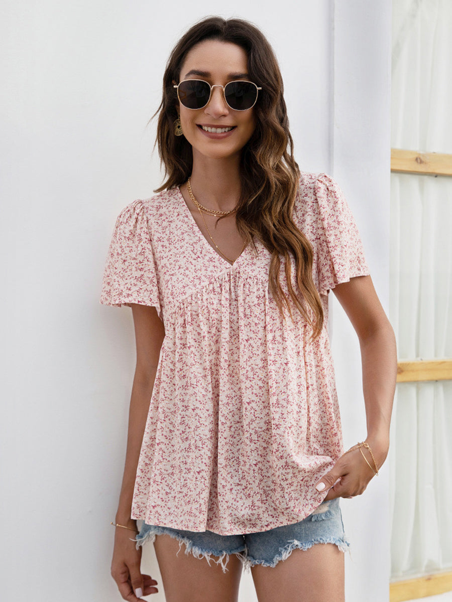 Women’s T-Shirts V-Neck Floral Printed Pattern Short Sleeve Loose Casual T-Shirt