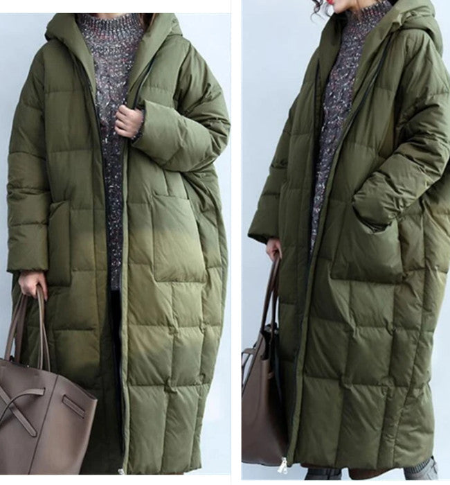 Armeegrüne Damen Winter Puffer Lose Entendaunenjacken Lange warme Damen Langer Daunenmantel 30125