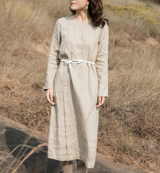 Khaki Linen Long Sleeve Autumn Women Shift Linen Dresses S90921