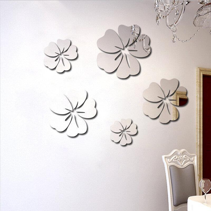 5Pcs Flower Pattern Mirror Sticker Home Decor 3D Decal Art DIY Mural Decal For Living Room Decoration PVC Self Adhesive Poster