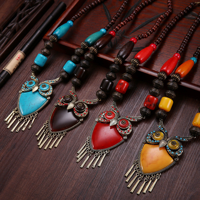 Tibetan ethnic wind wooden beads necklace sweater chain dance pendant