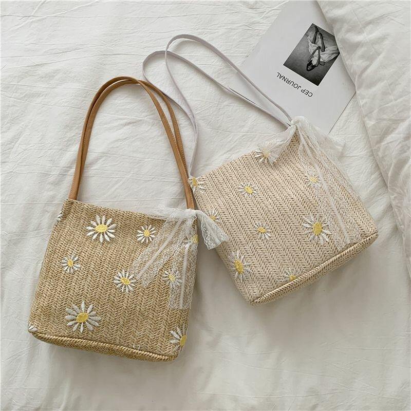 Bolso de hombro de gran capacidad con estampado de margaritas y girasoles de encaje de paja para mujer 