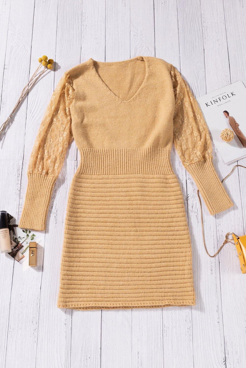 Lace Sleeve V-Neck Knit Dress