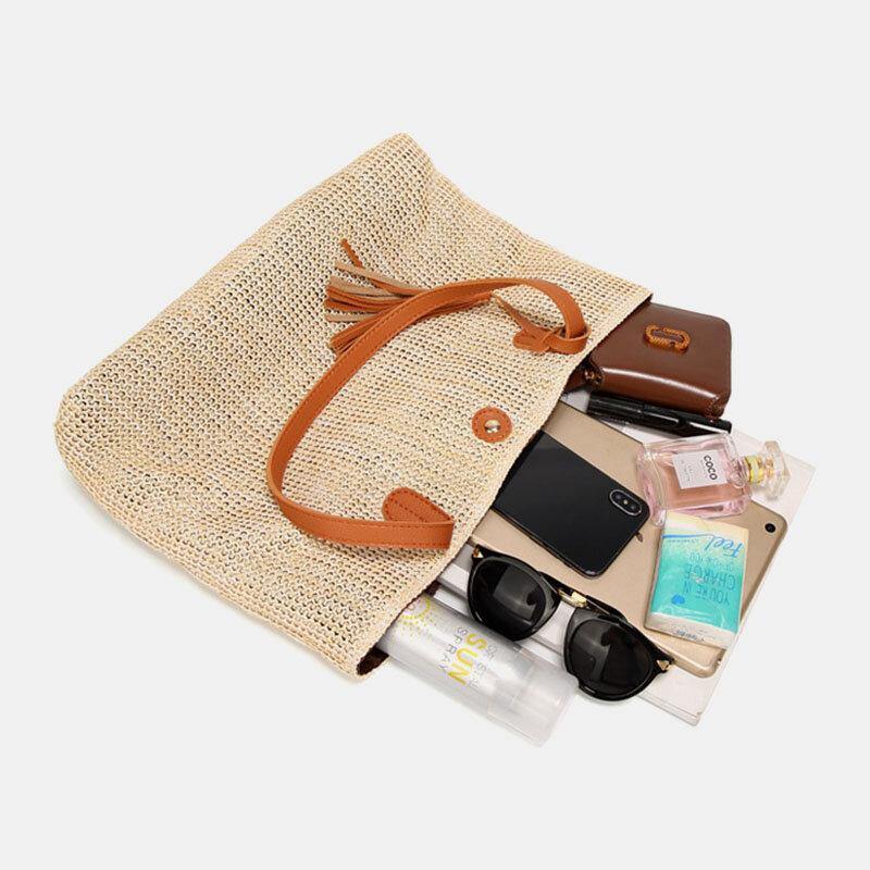 Women Tassel Decoration Large Capacity Hollow Straw Bags Handbag Shoulder Bag Beach Bag