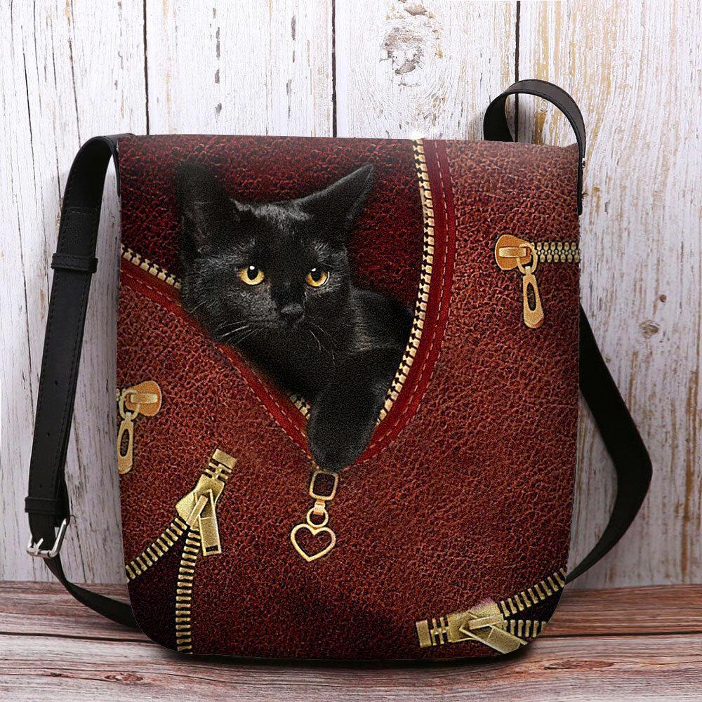 Bolso de hombro tipo bandolera con estampado de gato negro de dibujos animados en 3D bonito informal de fieltro para mujer 