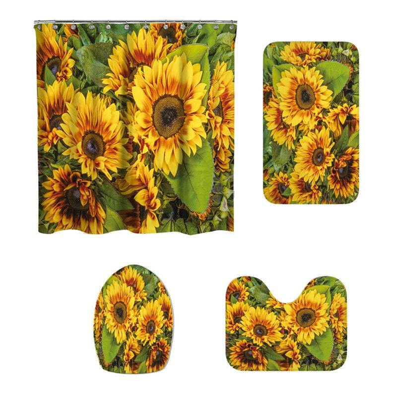 1/3/4Pcs Waterproof and Mildew proof Sunflower printed Shower Curtain  Bathroom Toilet Rug Mat Set