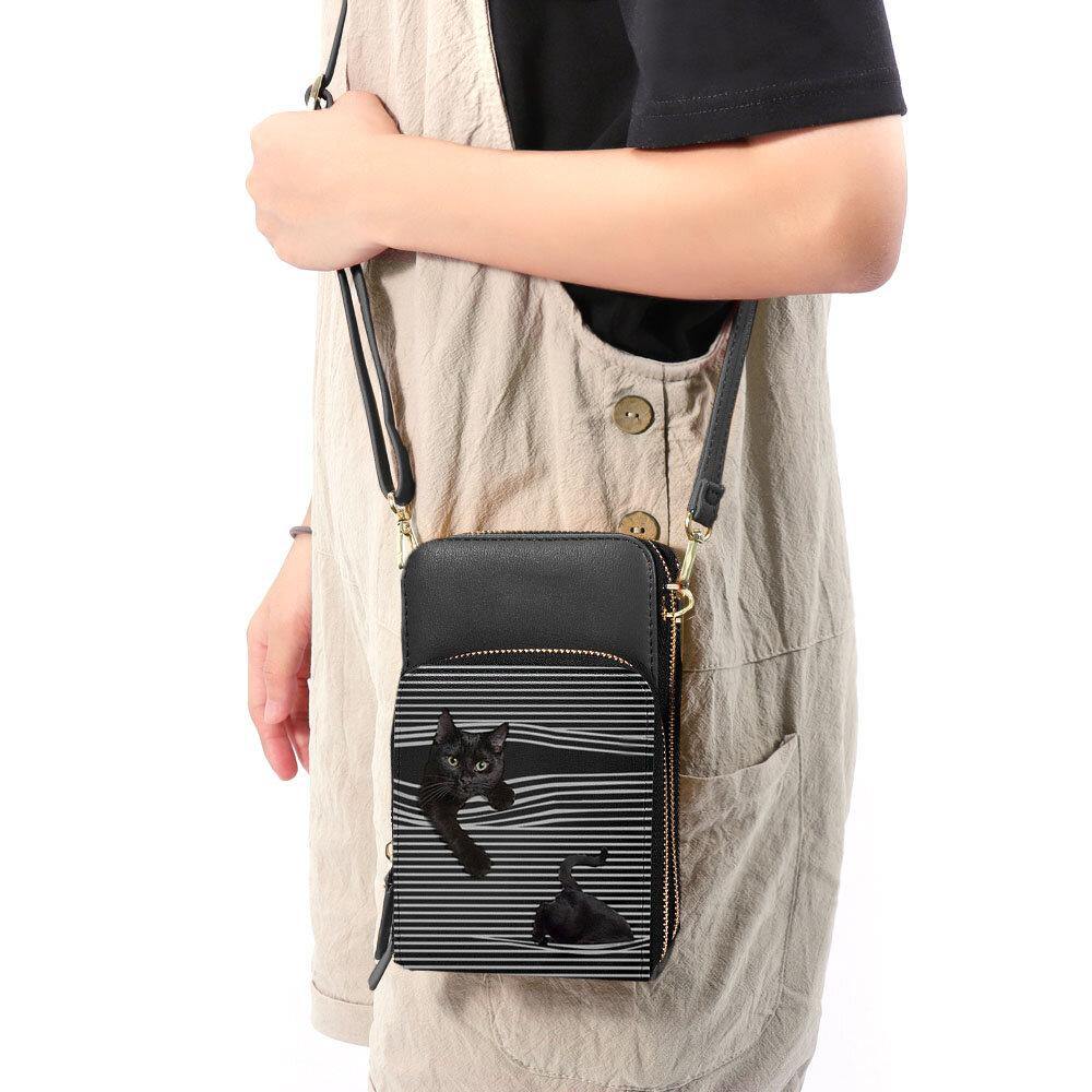 Women Faux Leather Casual Cute Black Cat and Stripes Pattern Adjustable Shoulder Bag Crossbody Bag