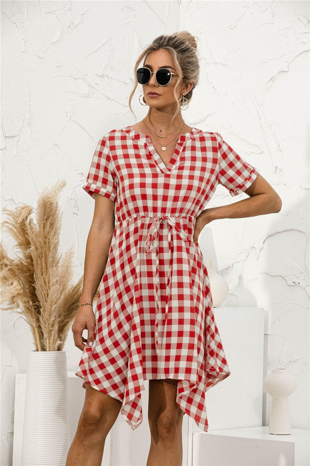 Plaid V-Neck Asymmetrical Trim Dress