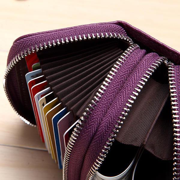 Genuine Leather RFID Double Zipper 11 Card Holder Coin Bag