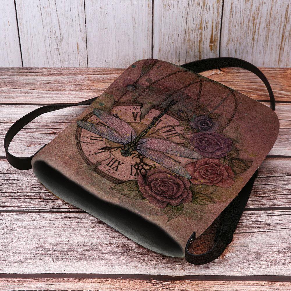 Bolso bandolera con estampado de flores de libélula 3D Vintage informal de fieltro para mujer 