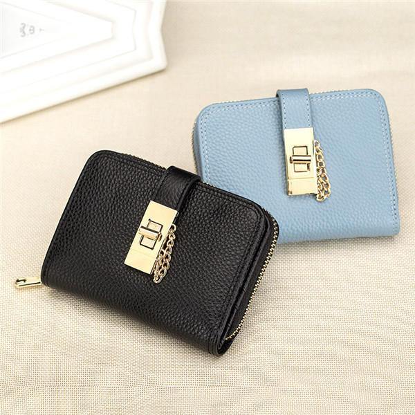 Women Genuine Leather Zipper Card Holder Chain Lock Short Purse Wallets