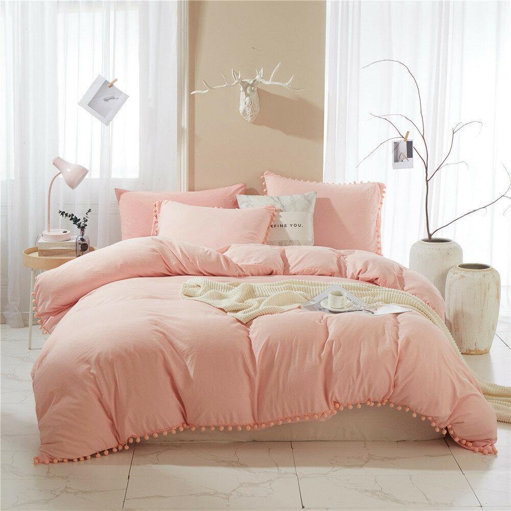 Bedding Pom Pom Duvet Cover Set Ball Fringe Home Textile Solid Color Bedding Sets Soft Microfiber Comforter Cover