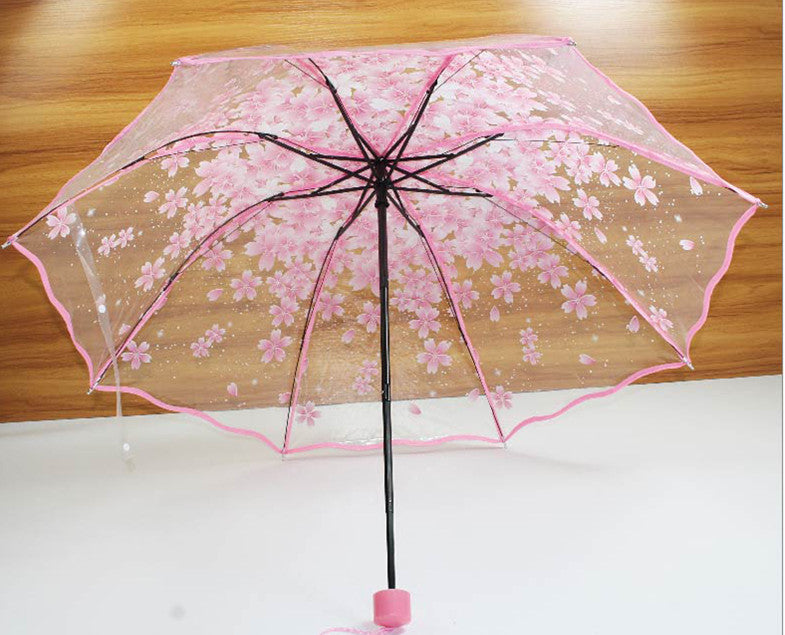 Three Fold Umbrella Transparent Clear Cherry Blossom Mushroom Sakura Folding Sunshade Rain Umbrellas