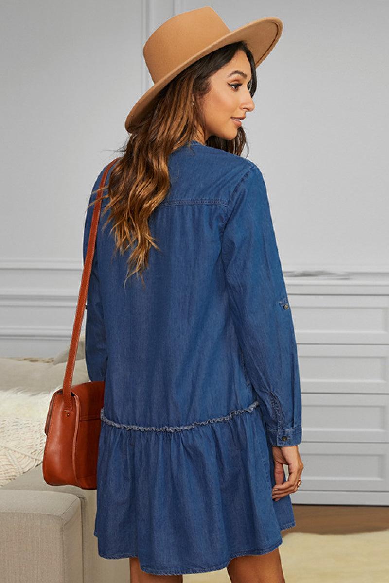 Button Up Ruffle Hem Denim Dress