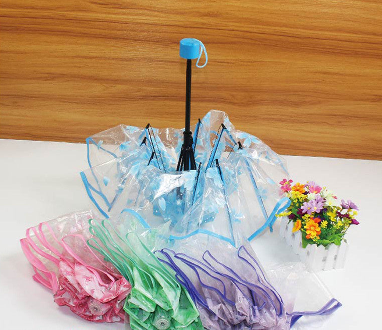 Three Fold Umbrella Transparent Clear Cherry Blossom Mushroom Sakura Folding Sunshade Rain Umbrellas