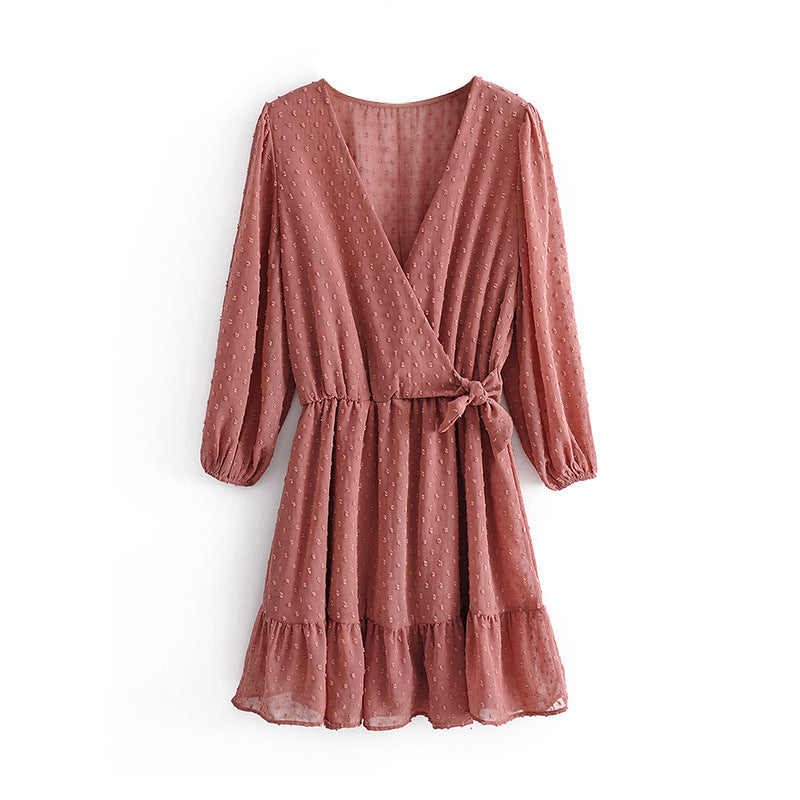 V-neck high waist pleated chiffon dress