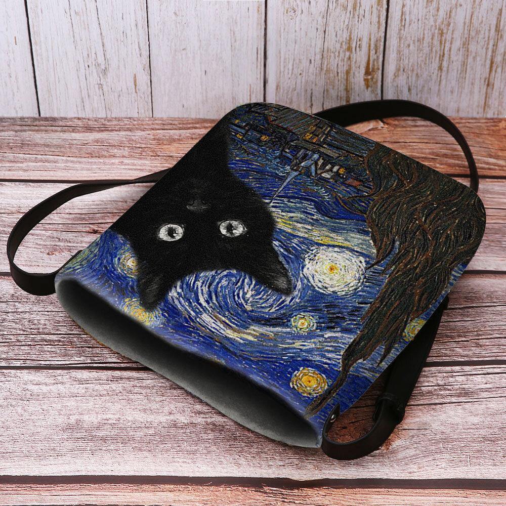 Las mujeres sintieron lindo patrón de gato de dibujos animados casual con pinturas de galaxia de noche estrellada bandolera bolso de hombro 