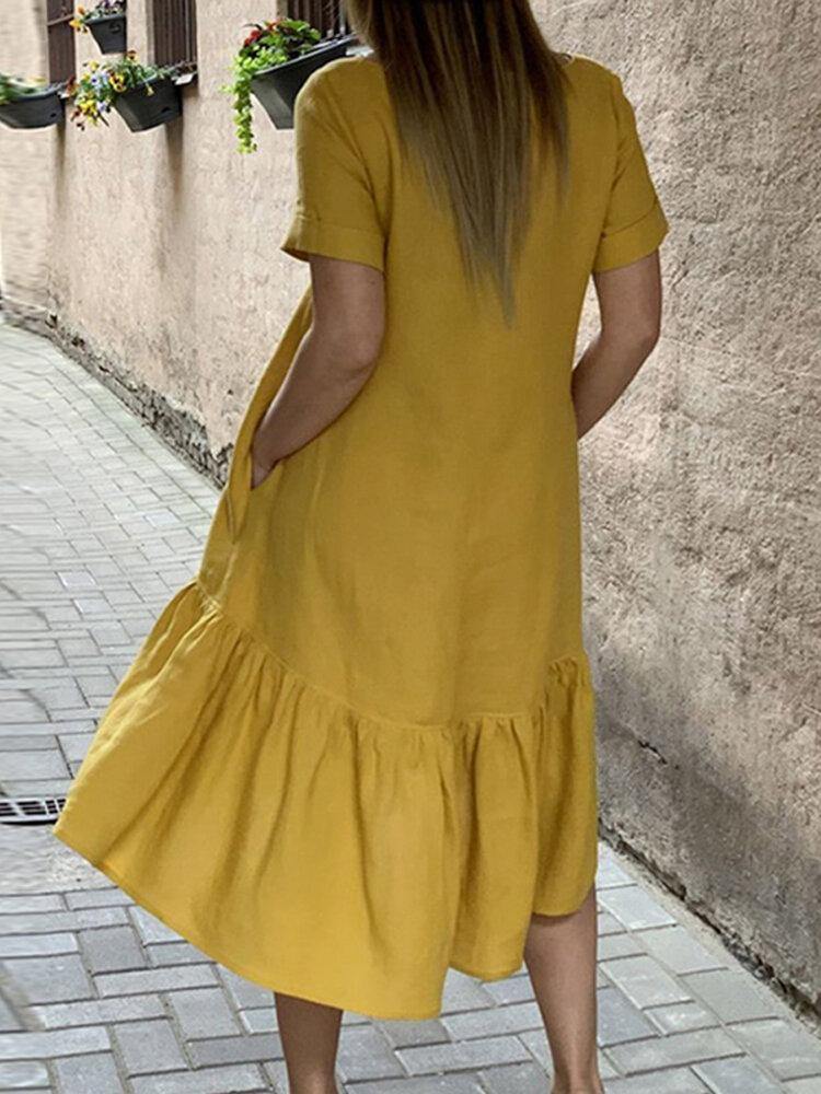 Cotton Women Solid Color Ruffles Round Neck Short Sleeve Casual Dresses