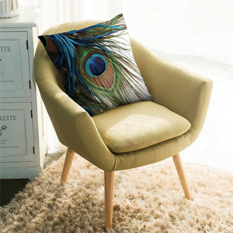 Linen Cushion Cover Peacock Feather Throw Pillow Case Home Sofa Cover