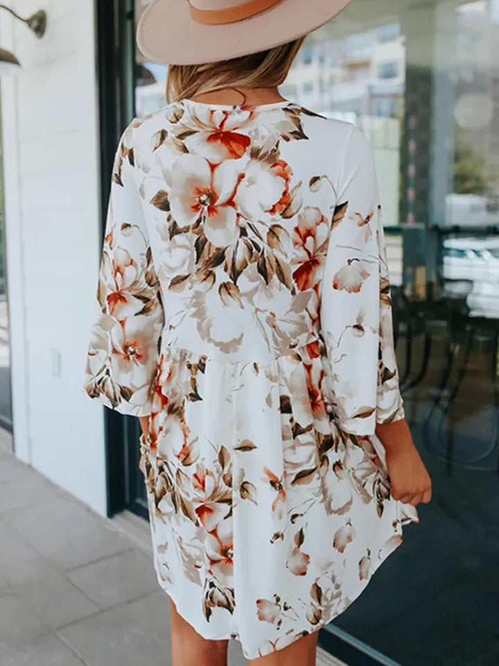 Floral V-Neck Three-Quarter Sleeve Dress