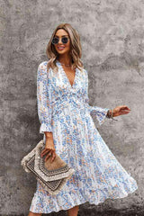 Ditsy Floral Deep V Ruffle Hem Dress