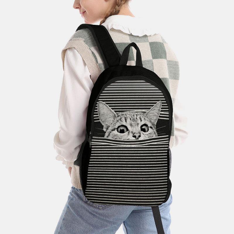 Women Oxford Cloth Large Capacity Cartoon Cat Stripe Pattern Printing Backpack