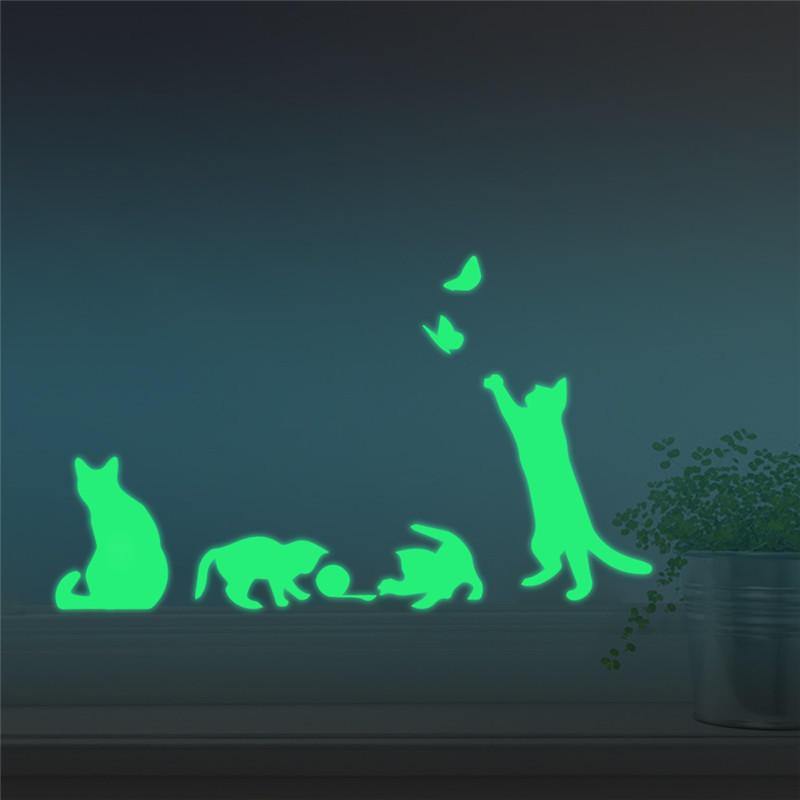 Honana DX-154 30X18CM Fluorescent Glow Naughty Cat Play With Butterfly Wall Sticker Home Bedroom Decor