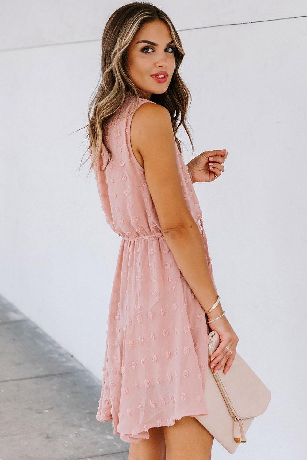 Split Neck Pom Pom Textured Flowy Dress