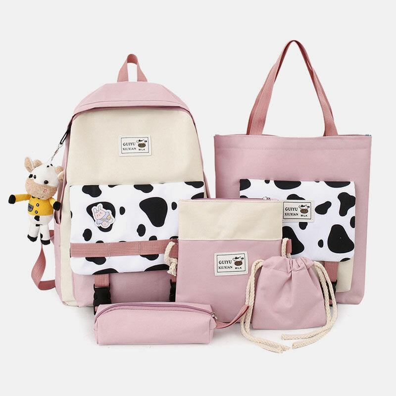 5 PCS Canvas Preppy Cow Pattern Multifunction Combination Bag Backpack Tote Crossbody Bag Clutch Wallet