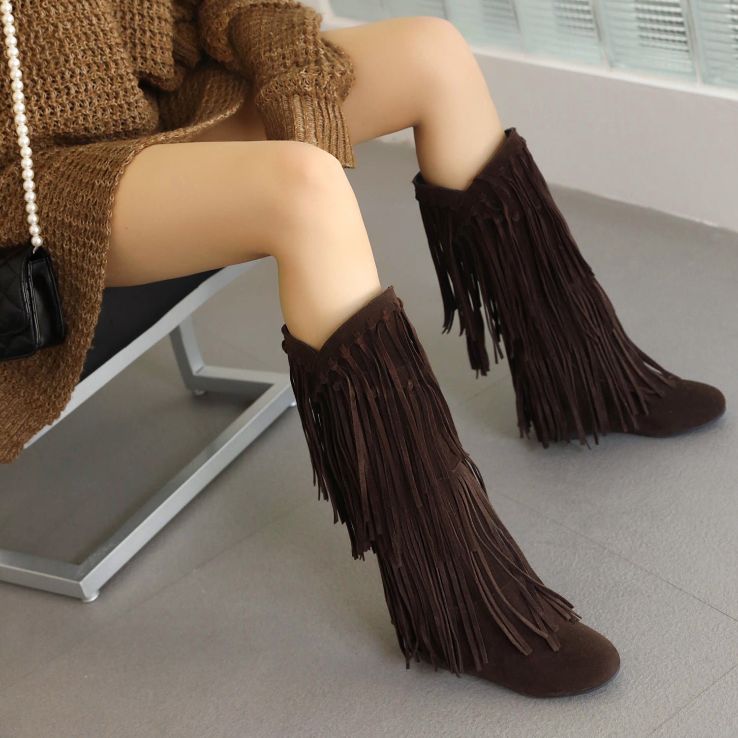 Women's Suede Fringe Boots Inside Booster Mid Length Boots