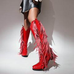 Womens Zipper Pattern Fringe Western Cowboy Boots