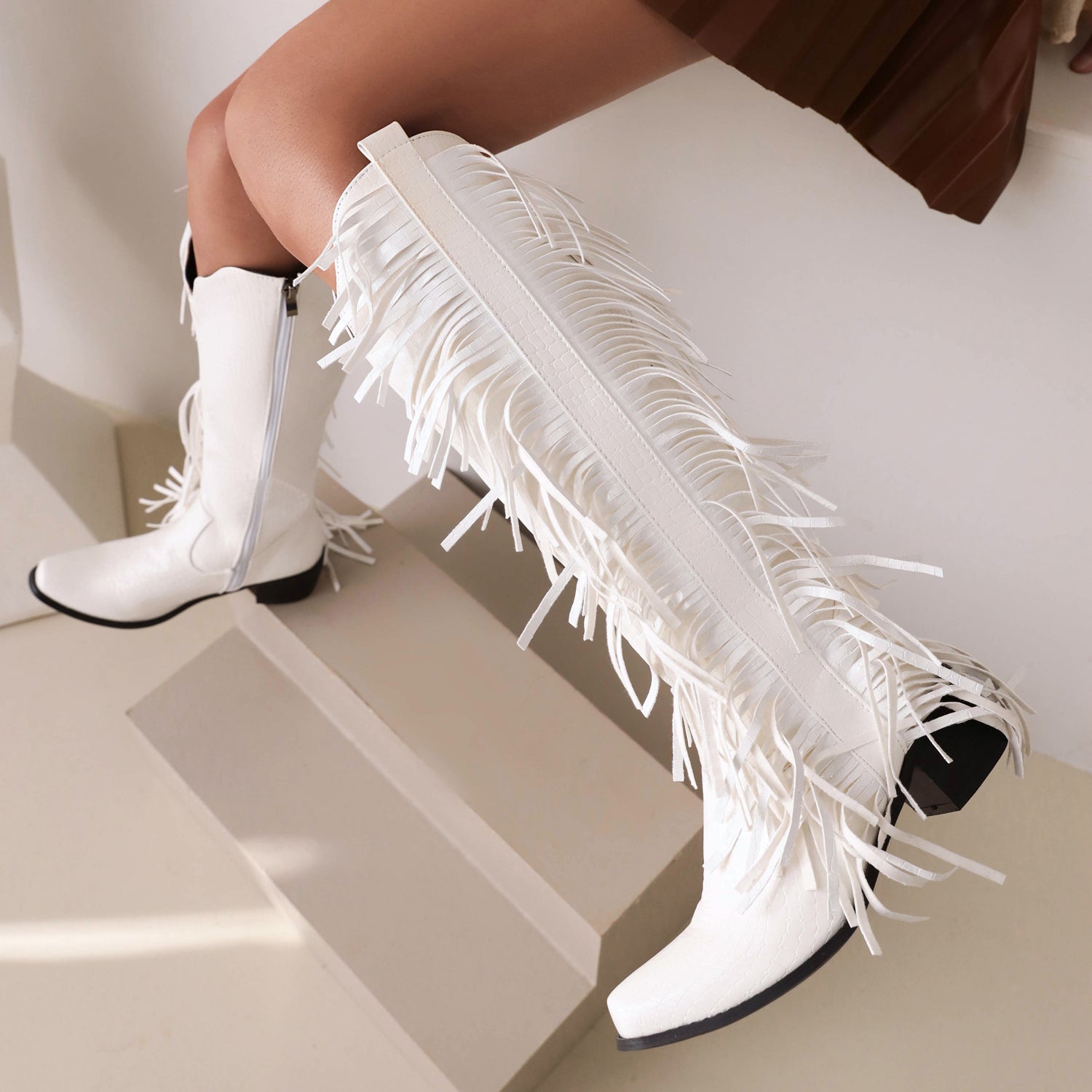 Womens Zipper Pattern Fringe Western Cowboy Boots