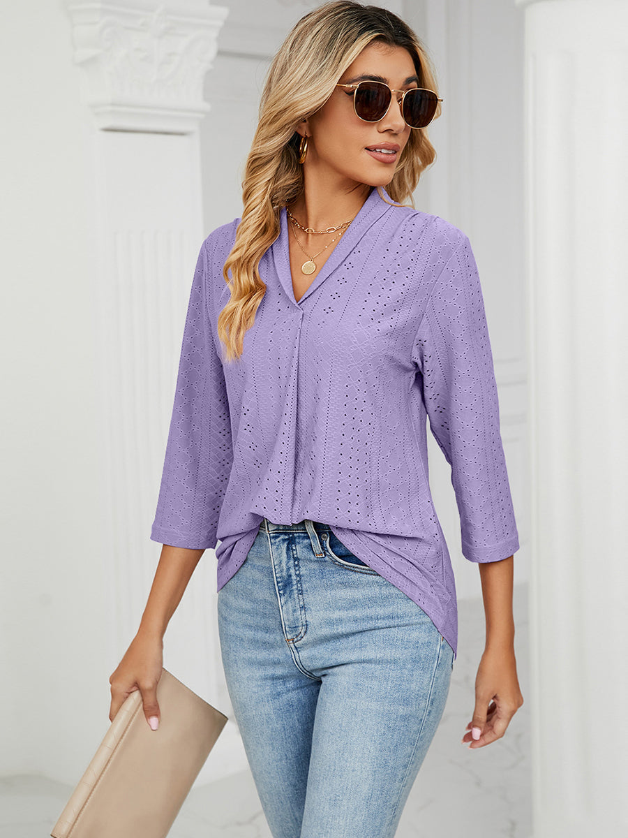 Women's T-Shirts V-Neck Pleated Casual Loose Medium Sleeve T-Shirt