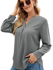 Women’s T-Shirts Solid Color Chiffon Loose V-Neck Long Sleeve T-Shirt