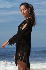 Black Hollow Tassel Solid Color Swimsuits Cover Up