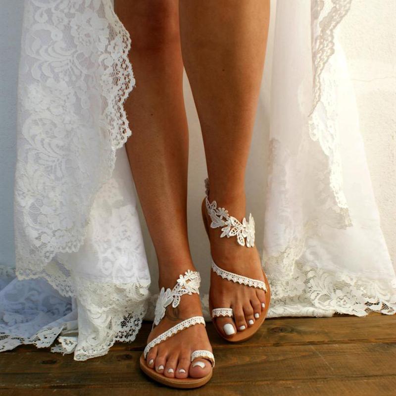 Sandalias de boda blancas planas con tiras florales de novia para mujer