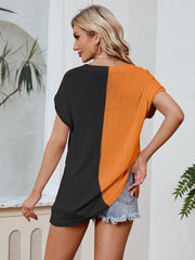 Women's T-Shirts V-Neck Color Contrast Loose Casual T-Shirt