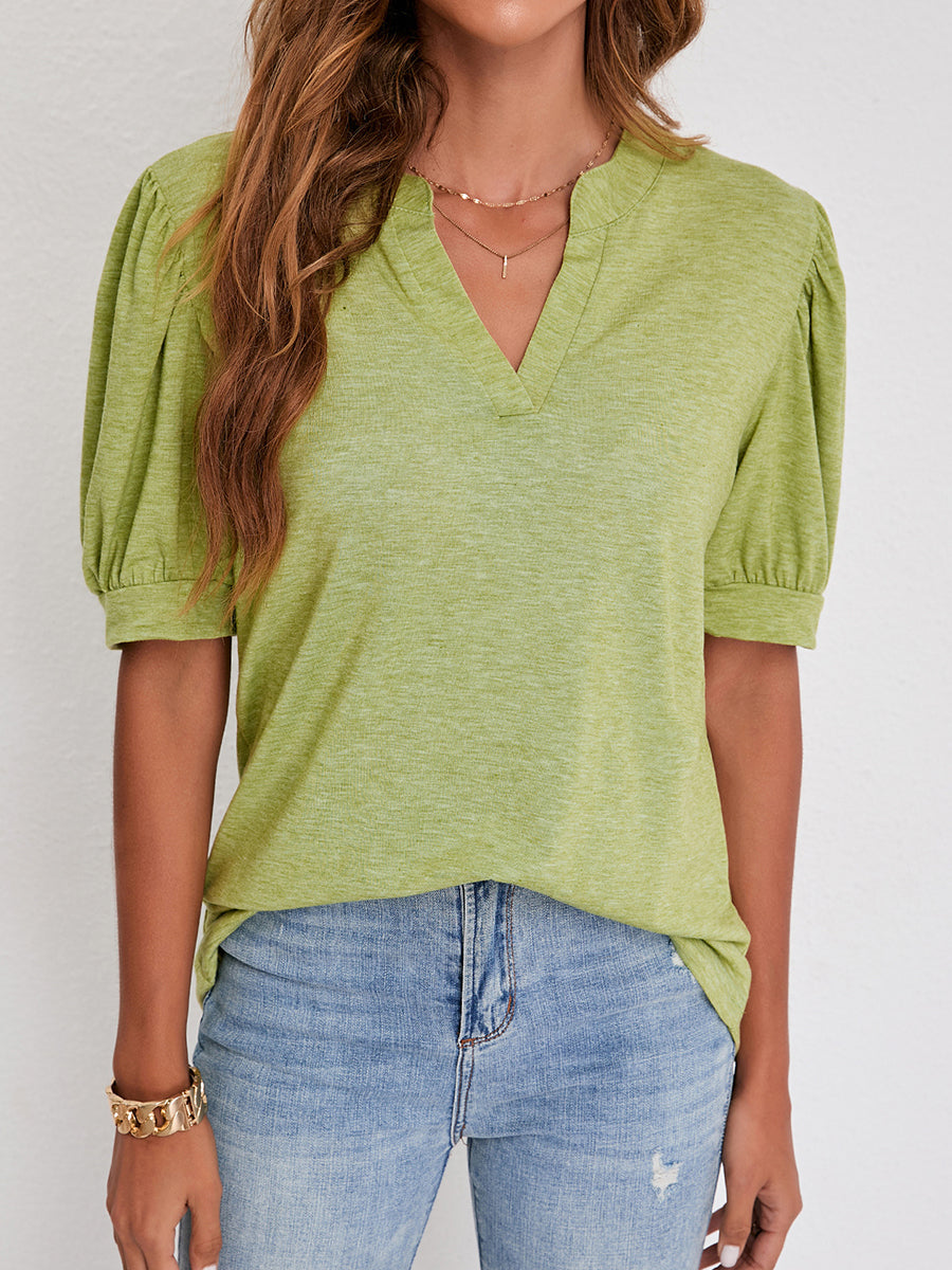 Women's T-Shirts V-Neck Solid Color Puff Sleeve Loose T-Shirt