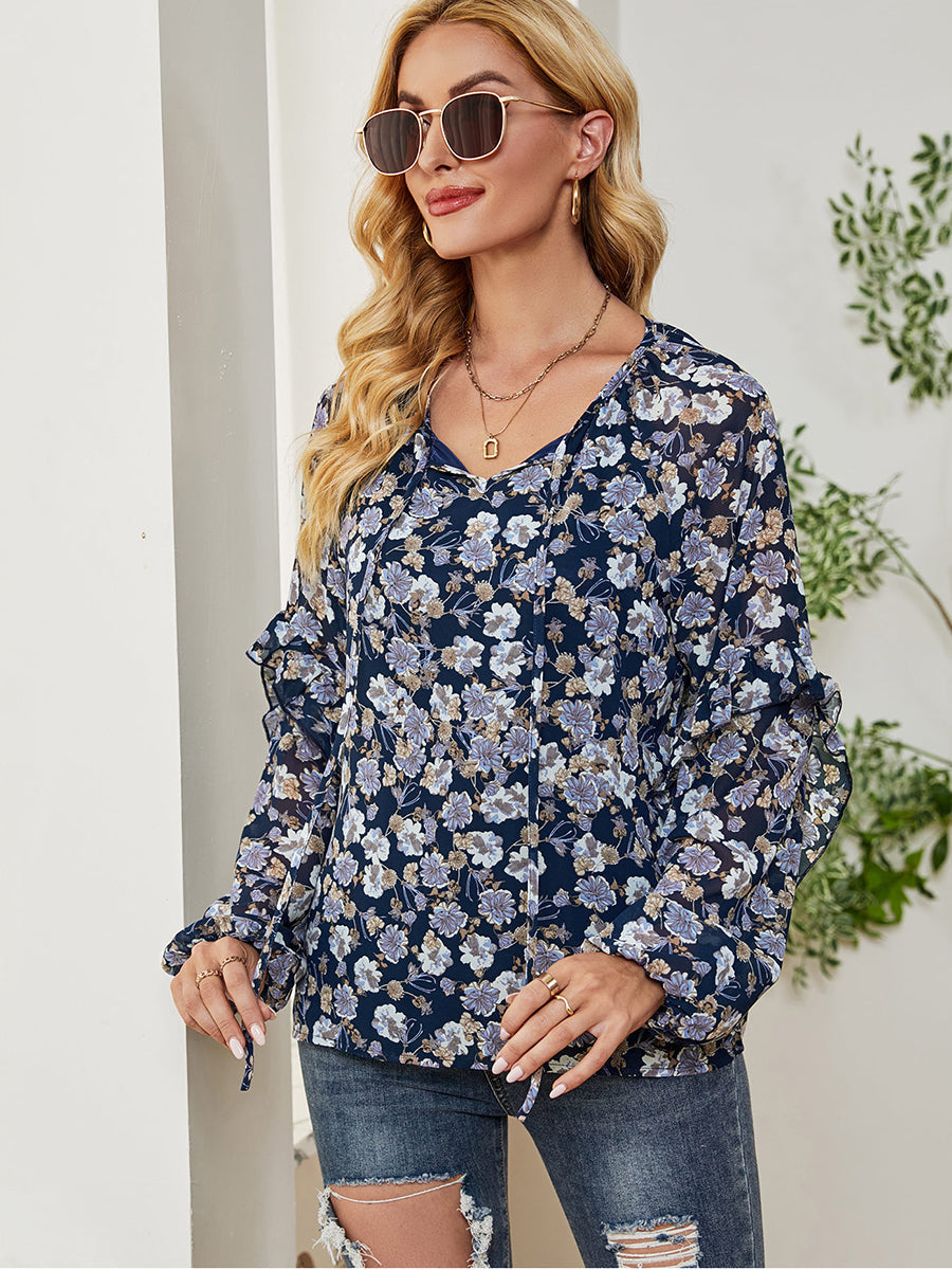 Women’s T-Shirts Long Sleeve Floral Printed Loose Chiffon T-Shirt