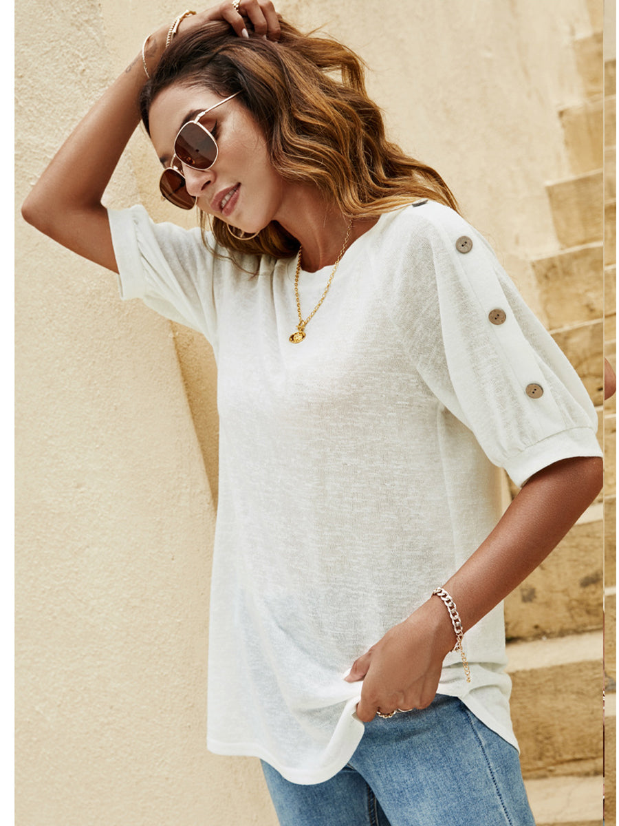 Women's T-Shirts Loose Round Neck Button Casual Half-Sleeve T-Shirt