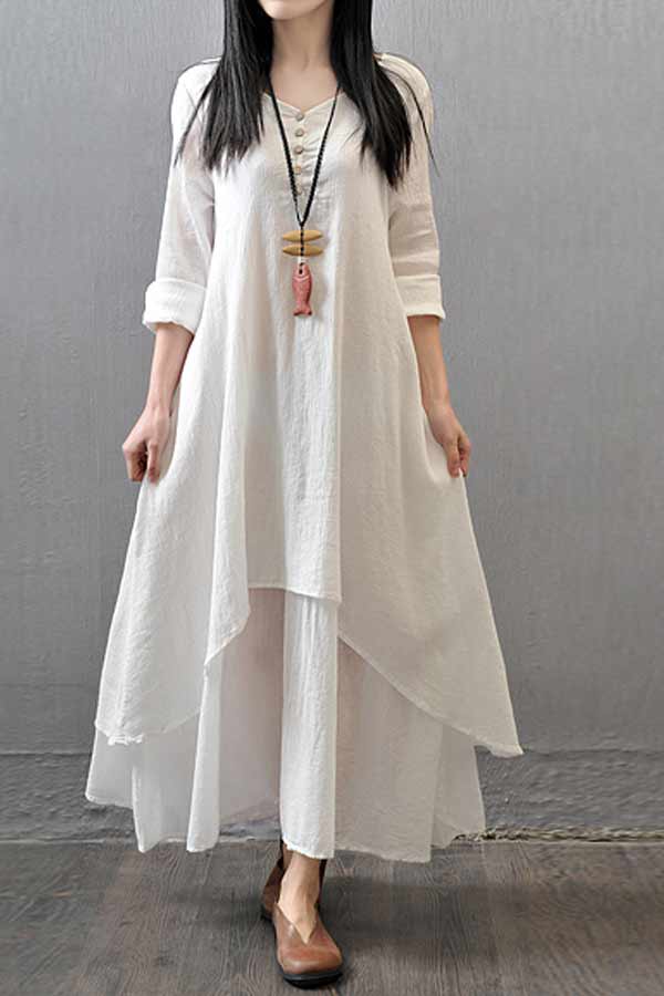 Vintage Women Casual Loose Dress Solid Long Sleeve Boho Ethnic Long Maxi Dresses