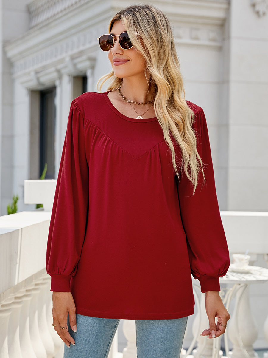 Women’s T-Shirts Lantern Sleeve Round Neck Long Sleeve Casual T-Shirt