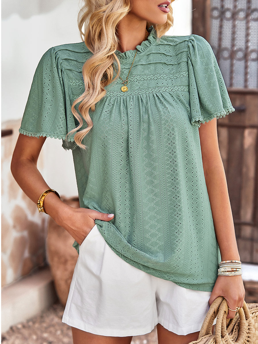 Women's T-Shirts Casual Solid Color Hollow Round Neck T-Shirt